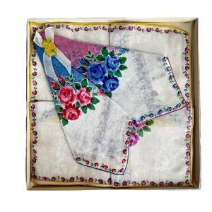 3 Vintage Handkerchiefs Cabbage Rose New Hankie Pink Blue Purple J C Penney USA